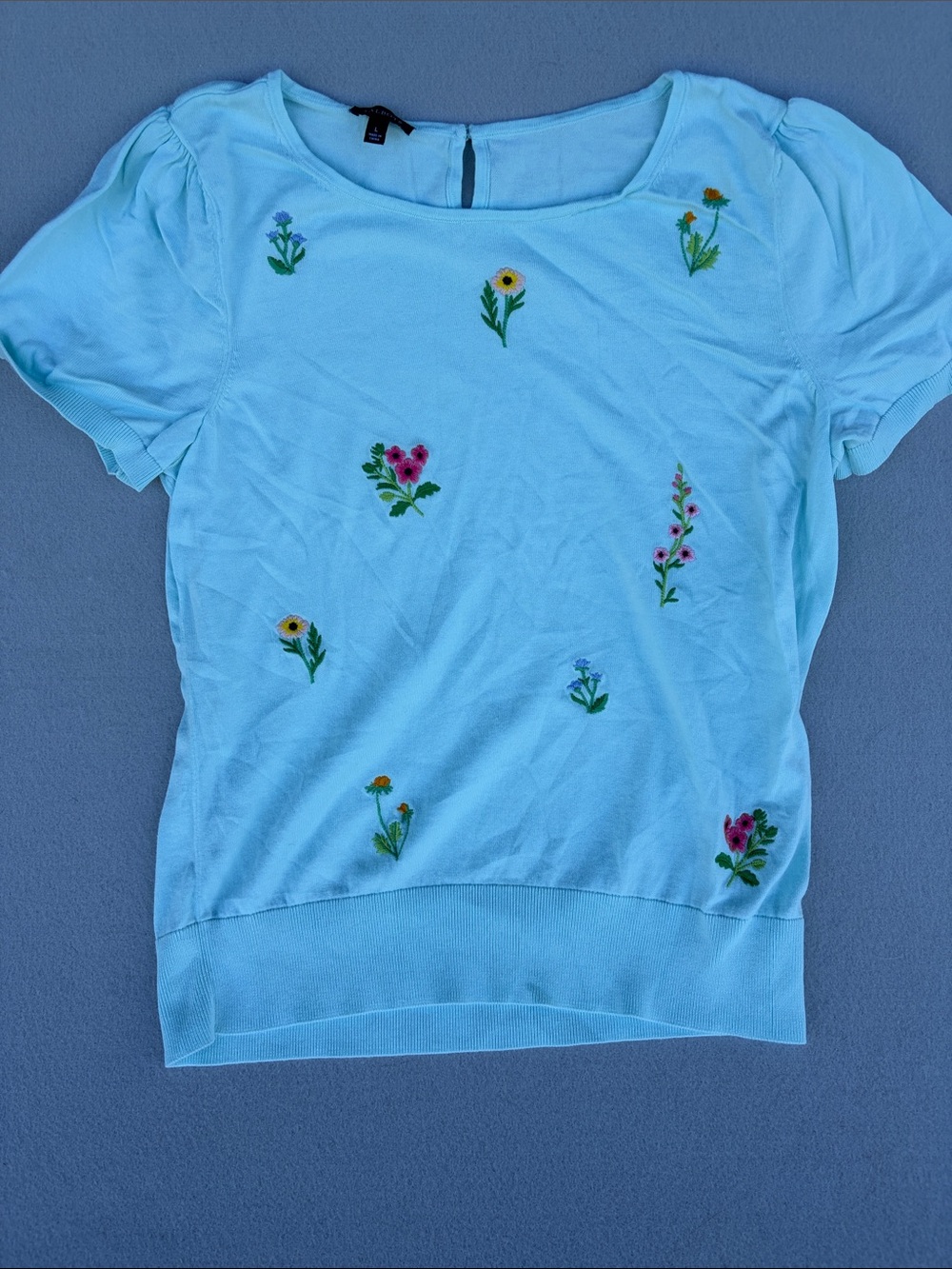 Talbots Light Blue Short Sleeve Top with Embroidered Wildflowers